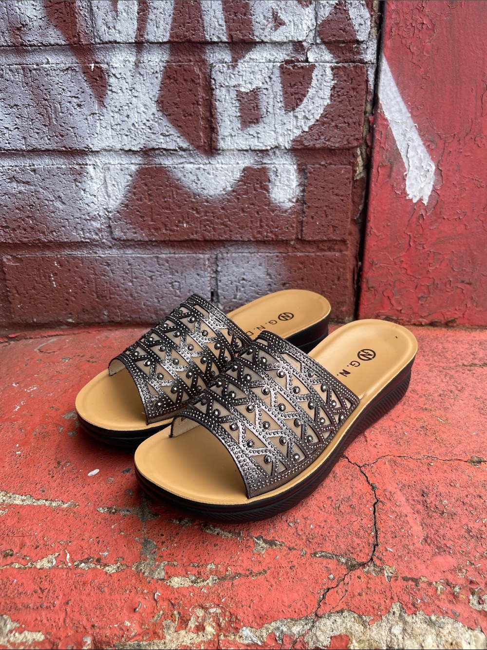 Studded Black Slide Mules with Cushioned Tan Footbed